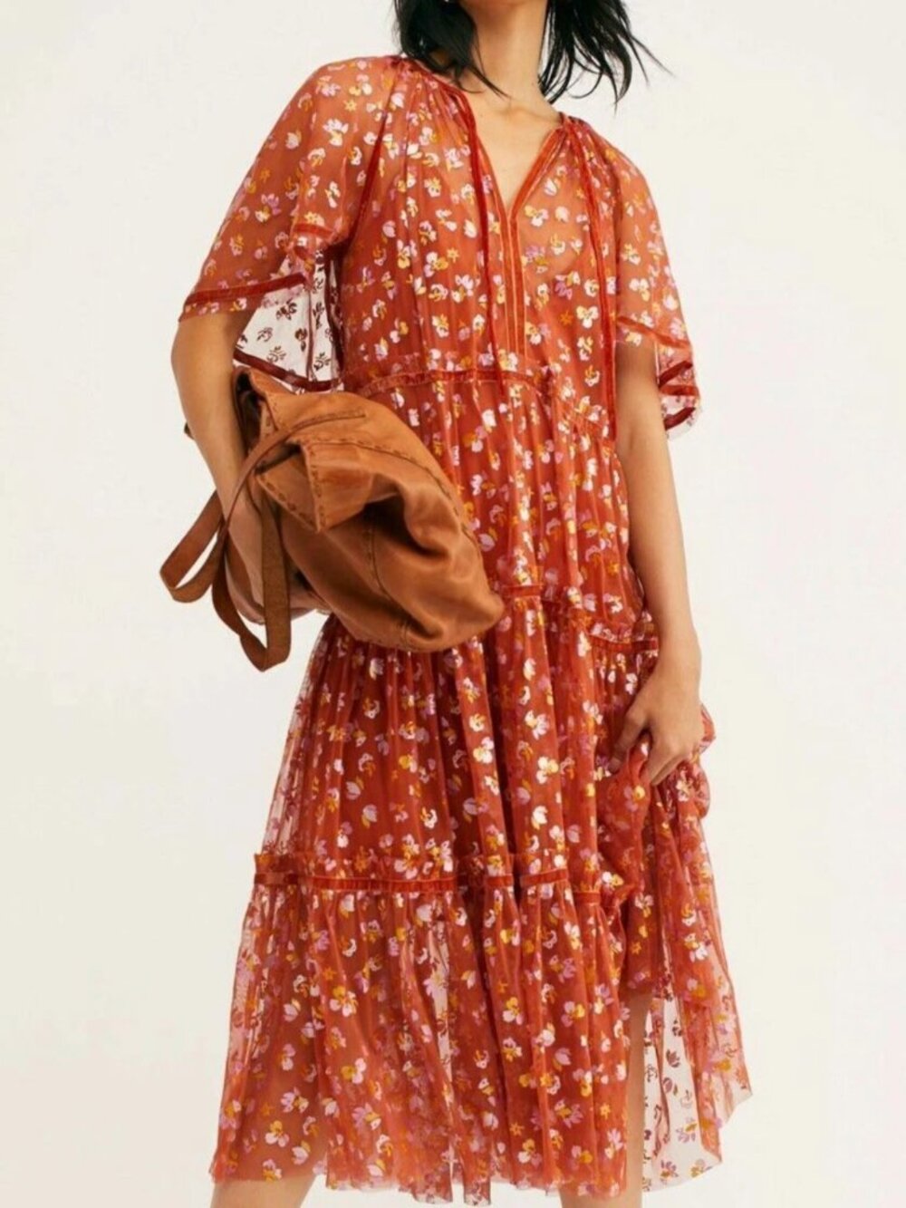 Free People Practical Magic Midi Dress Floral Mesh Rust Boho | Medium